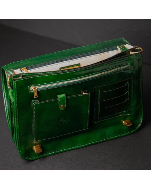 Time Resistance Green Leather Briefcase Laptop Bag for men