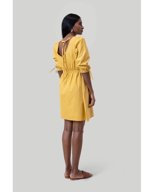 REISTOR Yellow Gathered Elbow Sleeve Short Cotton Dress