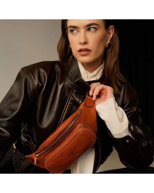 Time Resistance Brown Leather Sling Bag Belly Bag