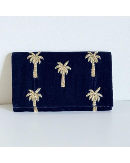 Pick Happy Blue Velvet Mini Clutch Bag With Beaded Palm Trees