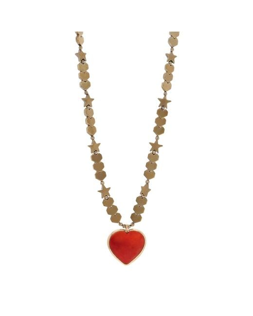 Ebru Jewelry Red Murano Glass Heart Pendant Heart & Star Beaded Necklace