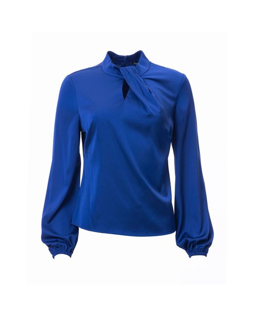 Carloslines Blue Draped Mock Neck Long Sleeve Shirt