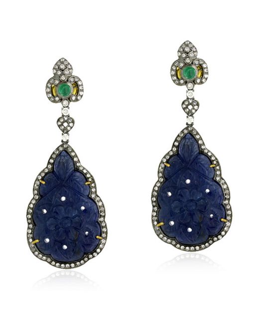 Artisan Carved Blue Sapphire & Emerald With Pave Diamond In 18k Gold Silver Designer Earrings