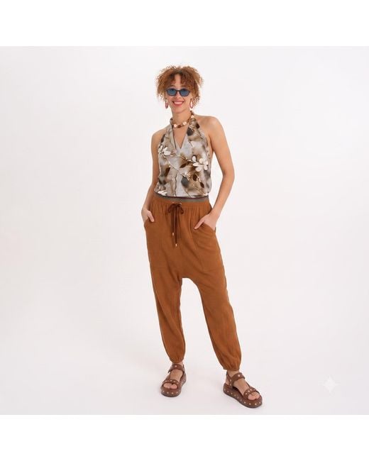 Lalipop Design Brown Muslin Drop-Crotch Jogger Pants