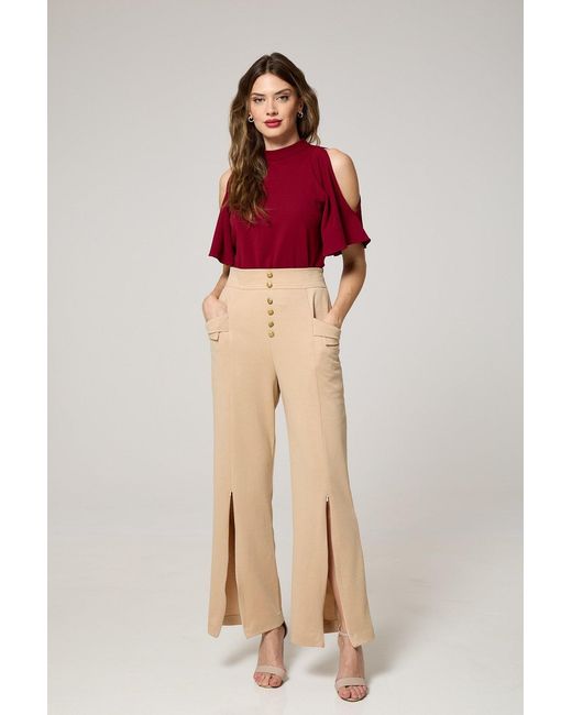 K-Win London Natural Neutrals Elegant High-Waist Wide-Leg Trousers With Adjustable Slits