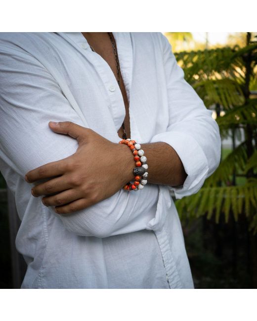 Ebru Jewelry Red Warrior Soul Bronze Indian Chief & Jasper Beaded Bracelet Set for men