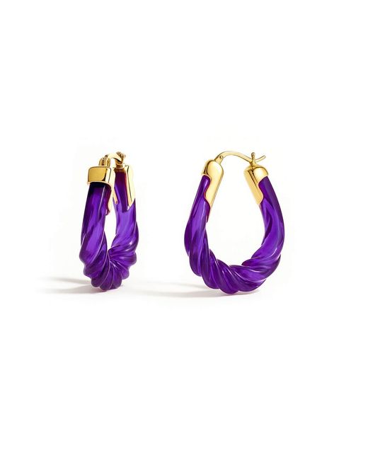 Gold & Honey Purple Amethyst Rope Twist Oval Lucite Birthstone Hoop Earrings