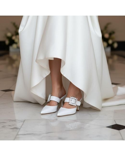 Beautiisoles by Robyn Shreiber Made in Italy White Georgina Pearlized Leather Mule Elegant & Sexy With Jewels Wedding Bridal For Evening Wear