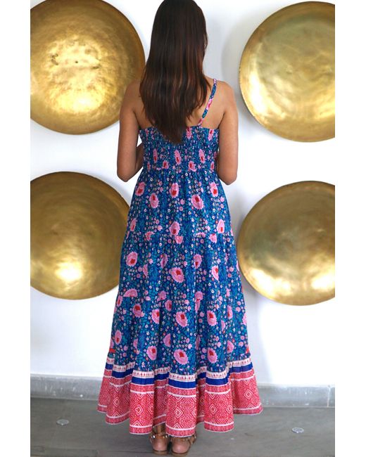 La Mandarine Blue Summer Maxi Dress With Pockets. Block Print Cotton Summer Maxi Dress Beatriz
