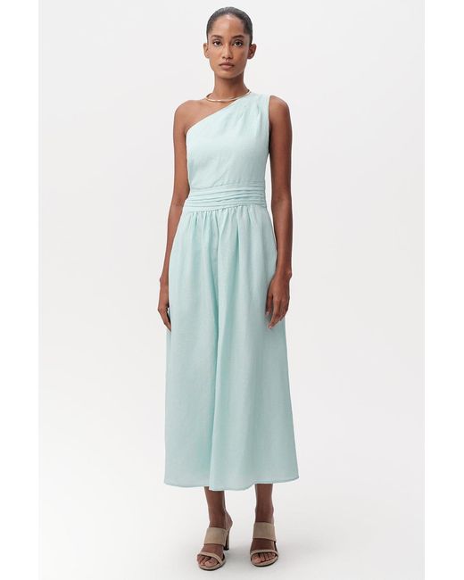 Exquise Blue Burk Elastic Waist Linen Blend Midi Dress