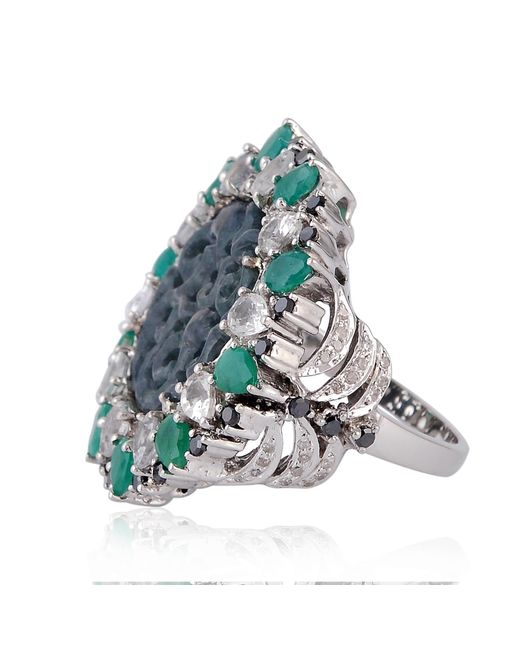 Artisan Green Carved Jade & White Sapphire With Emerald Pave Diamond In 18k White Gold And 925 Silver Cocktail Ring