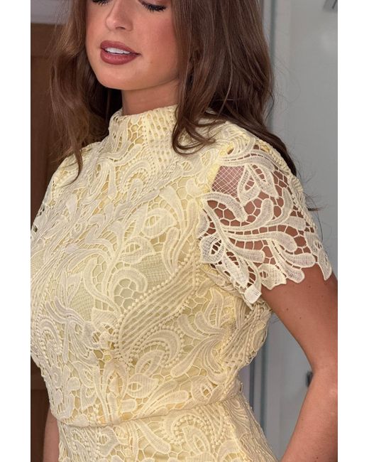 Girl In Mind Yellow Maryam Cap Sleeve High Neck Lace Mini Dress