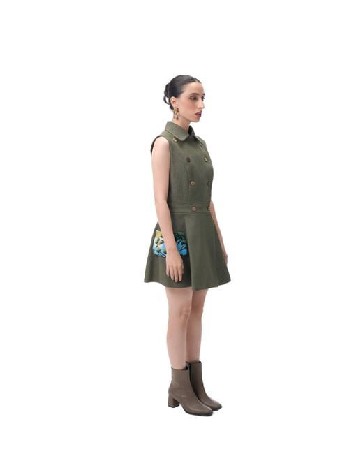 Rondooz Green Hand Painted Denim Mini Dress With Antique French Gobelin Tapestry & Hand Applied Embellishmen