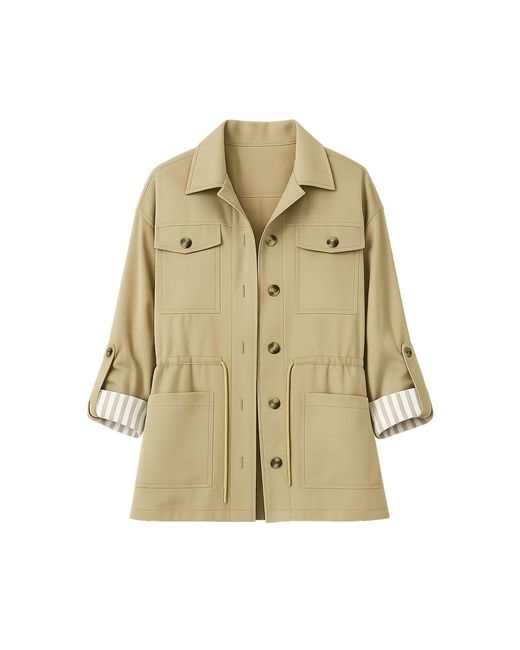 Yumi' Natural Utility Jacket With Drawstring Waist & Stripe Lining