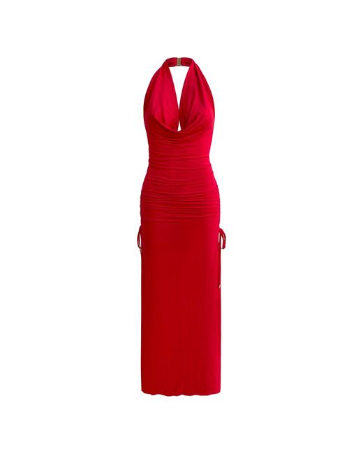 Why Mary Red Venus Cowl Neck Halter Bamboo Jersey Maxi Dress