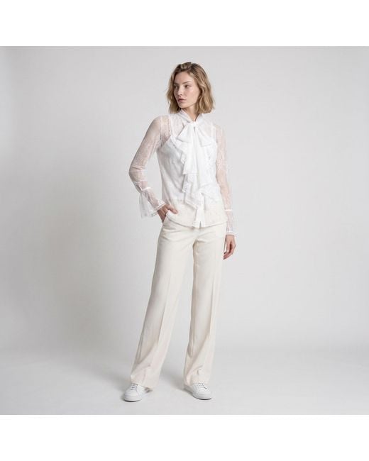 Modenaire White Sheer Lace Blouse With Bow Tie Neck Ruffle Front Detail With Cami