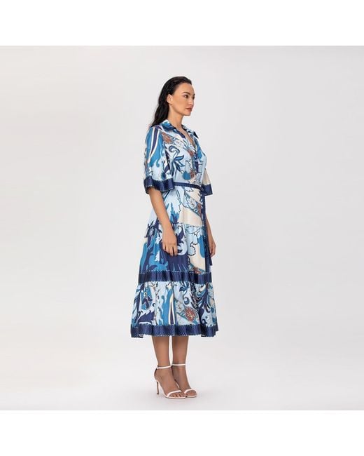 Smart and Joy Blue Midi Shirt Dress With Artistic Print And Tied Belt