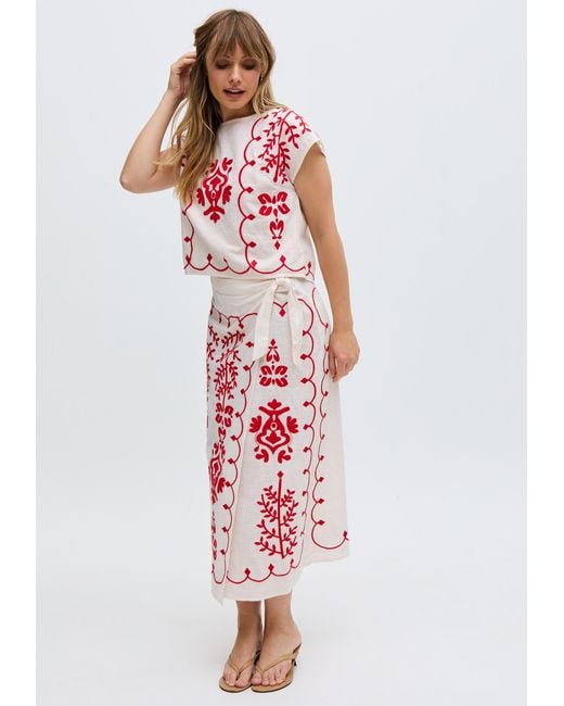 Raffya Fraya Cross Hatch Embroidered Wrap Midi Skirt