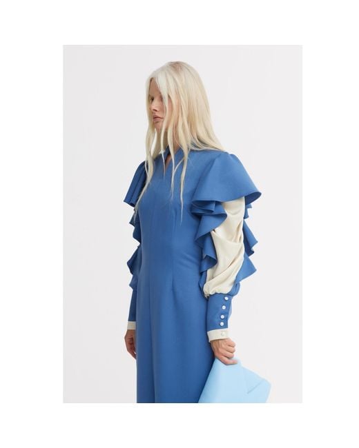 Julia Allert Blue Occasion Midi Dress With Ruffled Sleeves