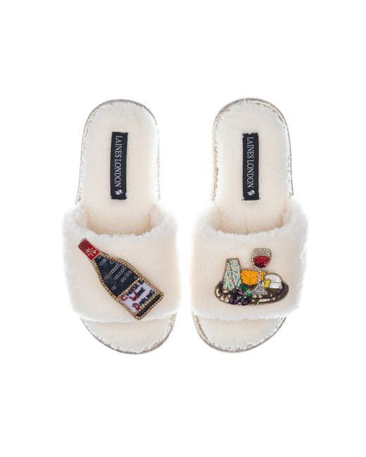 Laines London Metallic Teddy Toweling Slipper Sliders With Cheese & Red Wine Brooches