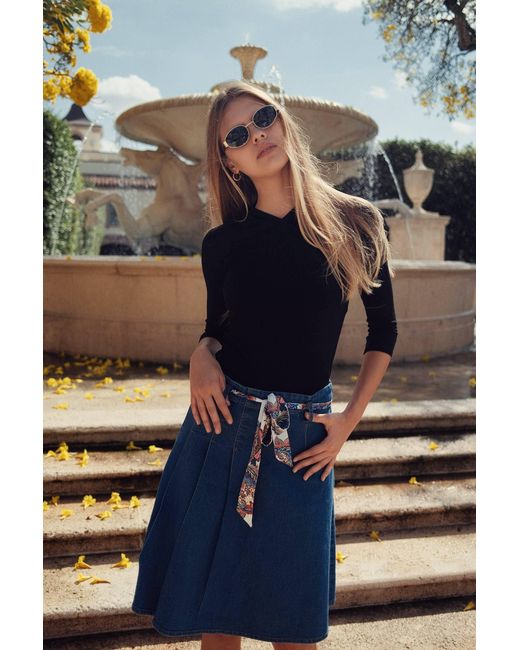 Profile Nyc Blue Denim Pleat Kilt Skirt With Tie