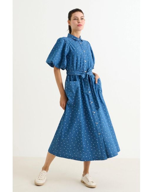 Louche Blue Lola Flower Dot Print Balloon Sleeve Shirtdress