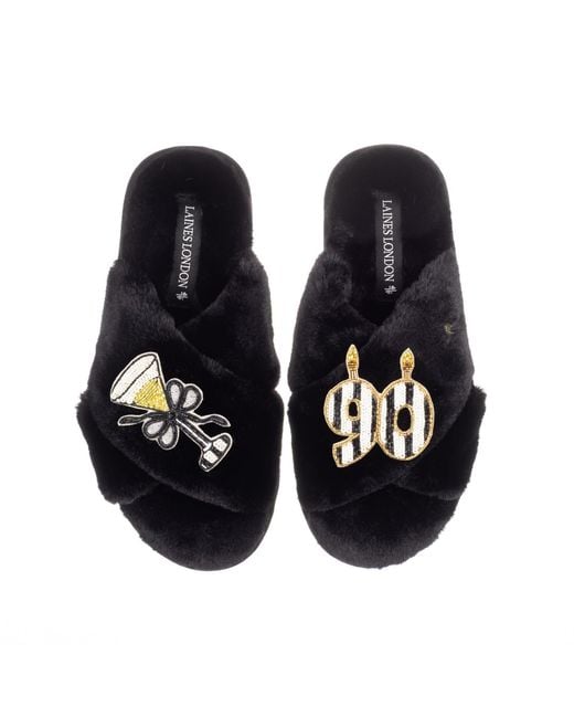 Laines London Blue Classic Laines Slippers With Stripe 90Th Birthday & Glass Of Champagne Brooches