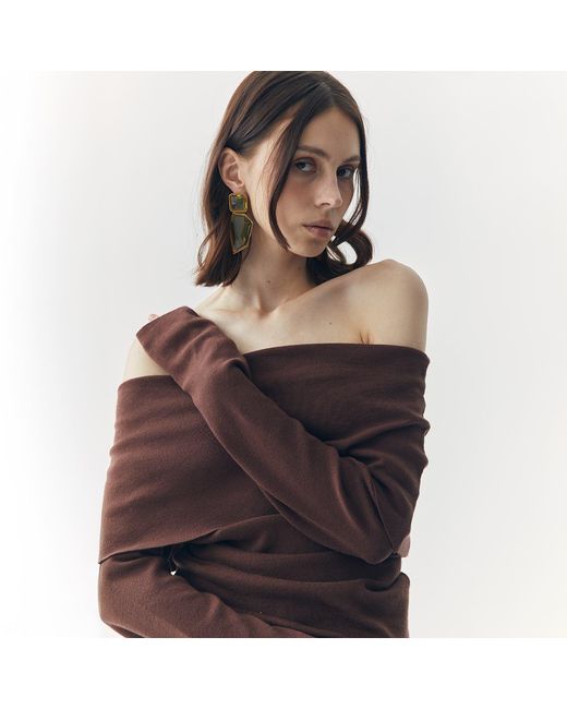 Ats the Label Brown Sia Off Shoulder Knit Top