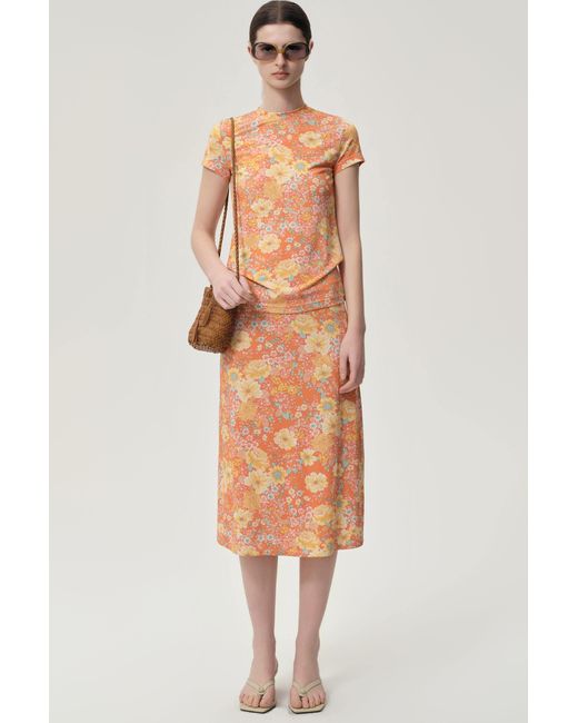 FRONT ROW SHOP Orange Daisy Viscose Jersey Midi Skirt
