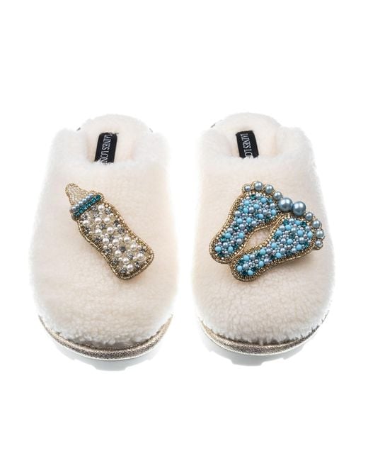 Laines London White Teddy Closed Toe Slippers With Baby Boy Brooches