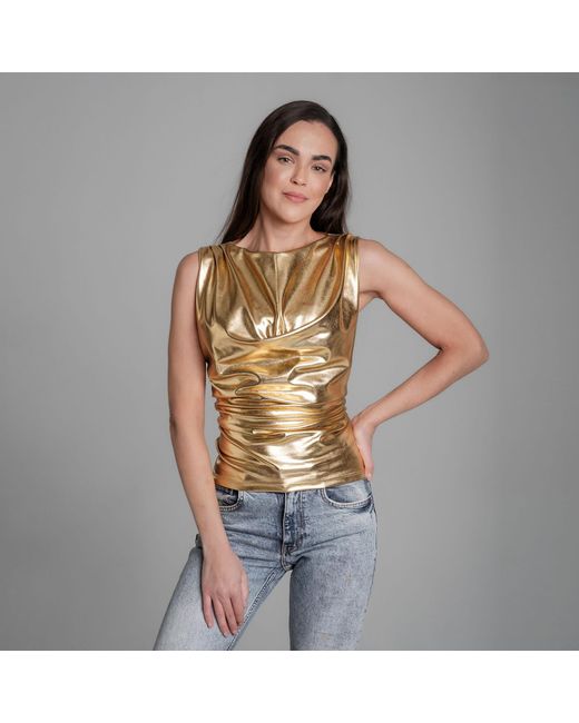 Imaatu Green Onu Glam Metallic Shine Sculpting Elastic Faux Leather Waterfall Top
