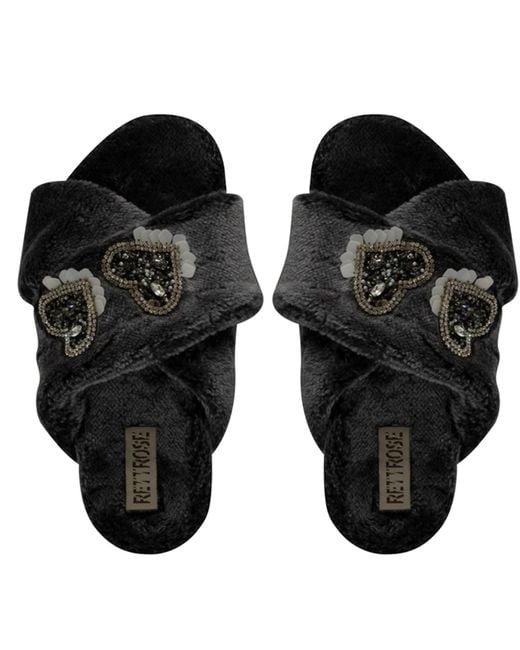 Rettrose Black Katie Charcoal Luxury Plush Diamanté Heart Embellished Handmade Slipper