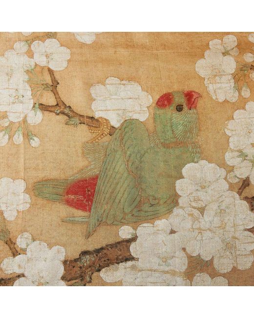 Soft Strokes Silk Metallic Pure Silk Scarf Painting Parrot And Insect Among Pear Blossoms