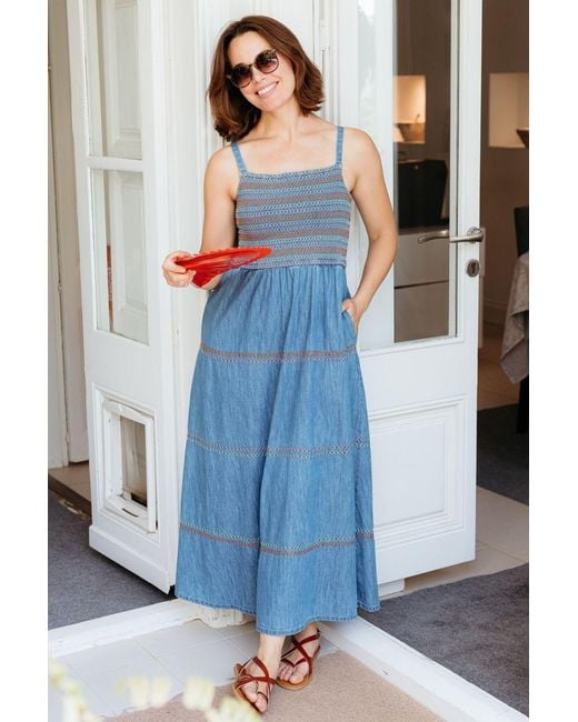 Sugarhill Blue Murren Shirred Midi Dress Washed Denim