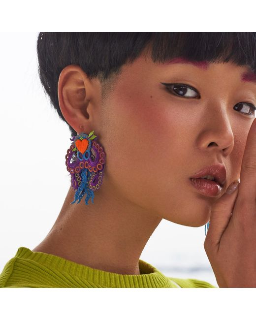 Nana Watanabe Purple Arrow & Octopus Embroidery Earrings