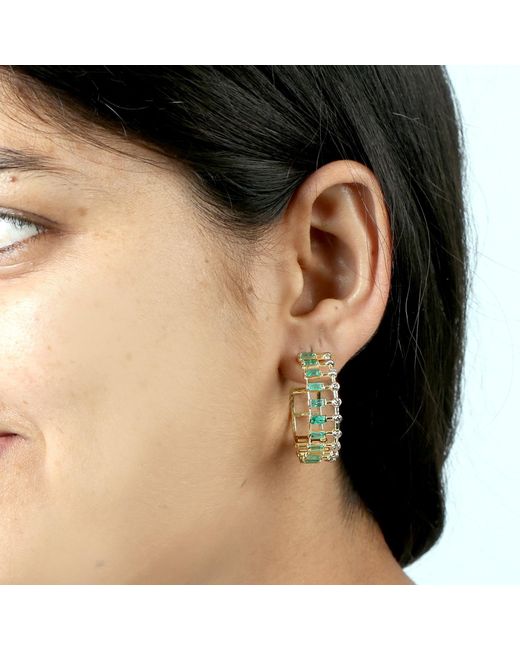 Artisan Metallic Solid 14k Gold With Dot-dash Emerald & Natural Diamond Hoop Earrings