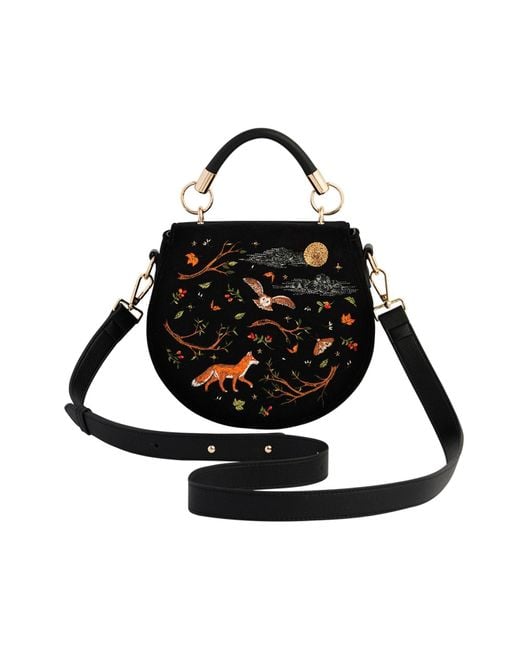 Fable England Black Fox & Owl Embroidered Top Handle Saddle Bag