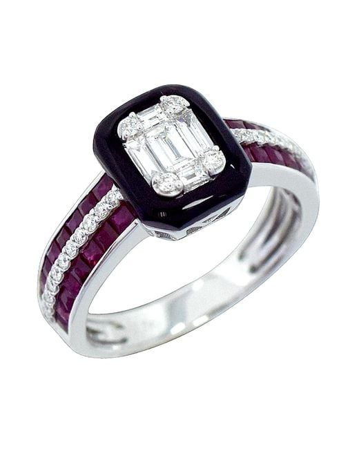 Artisan Blue Onyx With Baguette Ruby Gemstone & Diamond In 18k White Gold Cocktail Ring