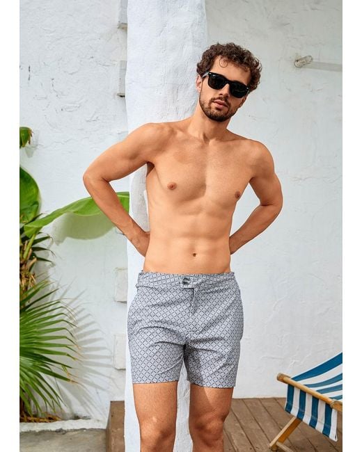 Vayla Blue Long Length Light Geometric Print Swim Shorts for men