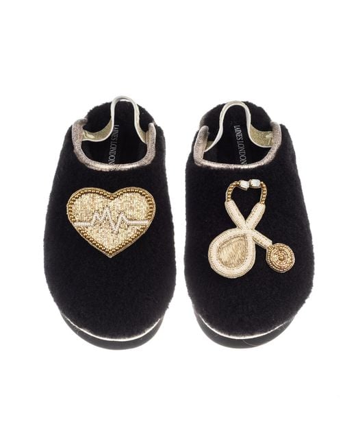 Laines London Black Flatform Cloud Closed Toe Slippers With Doctor Brooches