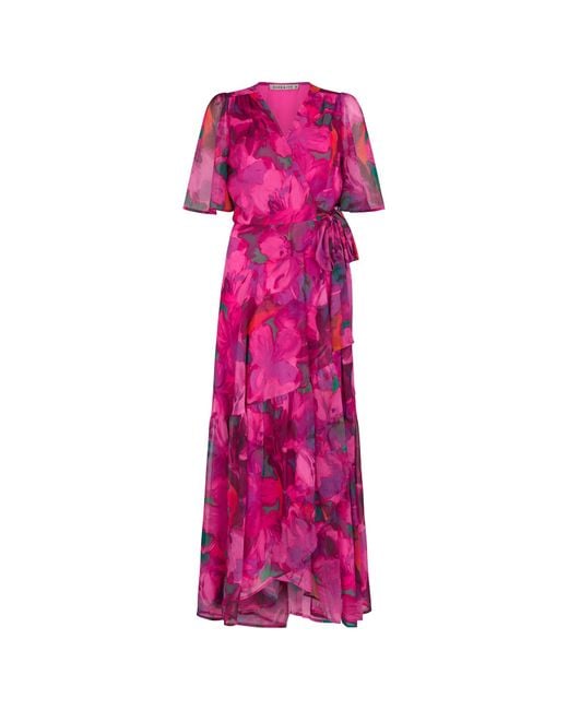 Hope & Ivy Purple The Corinne Flutter Sleeve Maxi Wrap Dress With Tie Waist
