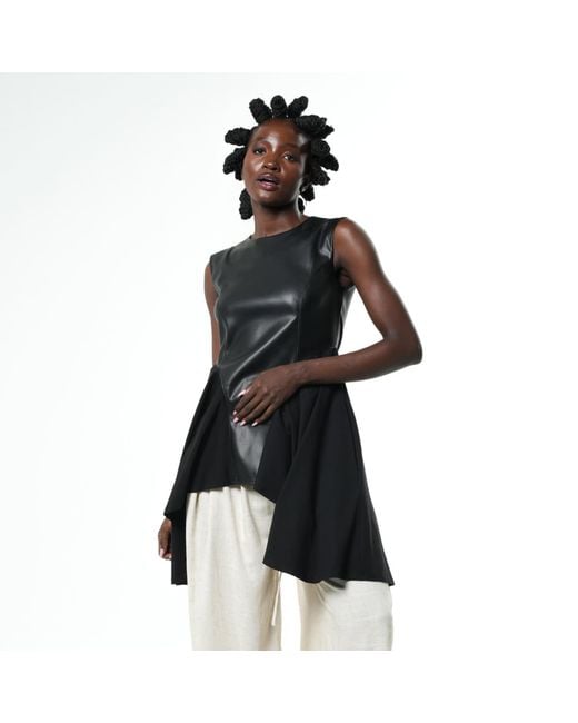 Metamorph Black Sleeveless Asymmetric Top With Vegan Leather