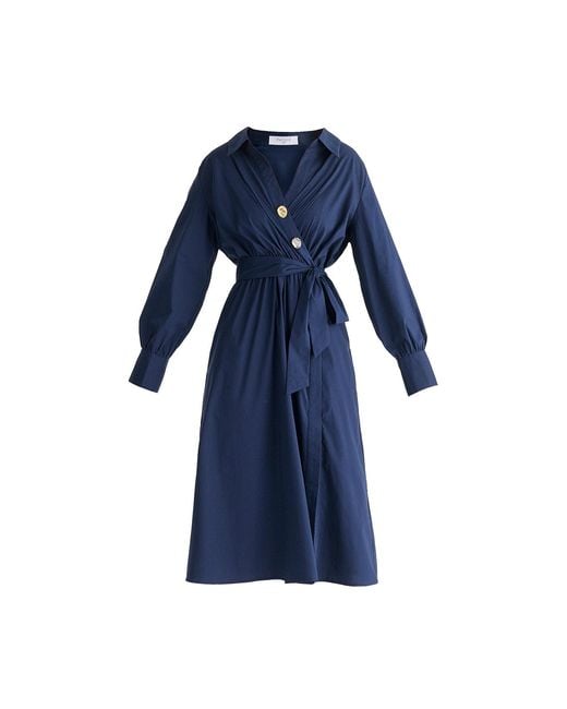 Paisie Blue Wrap Midi Shirt Dress With Metallic Button Details