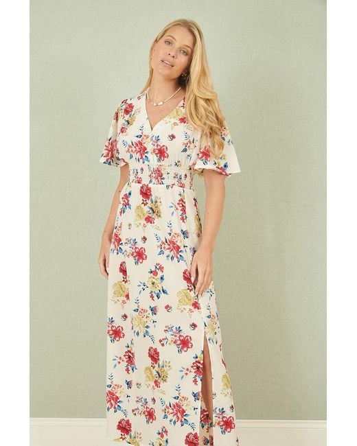 Yumi' Pink Floral Recycled Fabric Ruched Waist Midi Dress