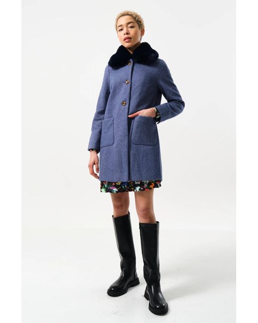 Louche Blue Dryden Herringbone Fur Collared Coat