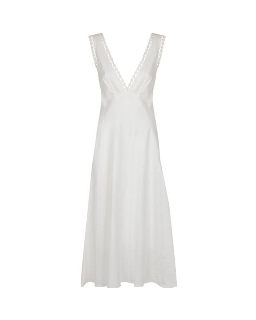 Langner White Embroidered Lace Linen Maxi Dress