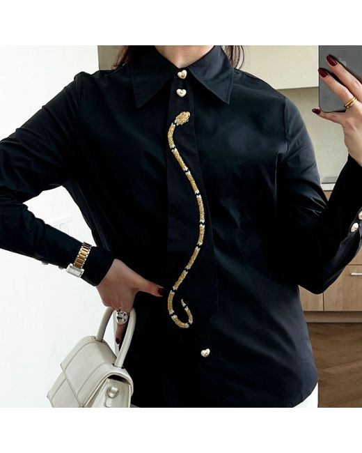 House of Laines London Black Laines Couture Hand Embellished & Snake Tie Shirt