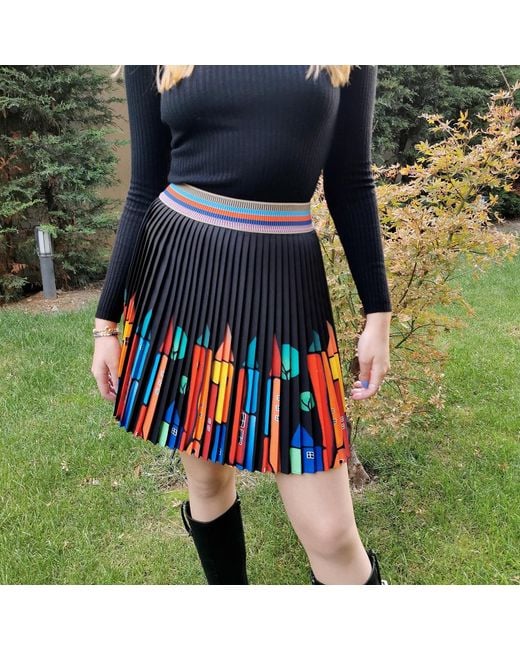 Lalipop Design Red Black Mini Pleated Skirt With Colorful House Prints