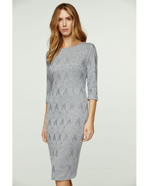 Conquista Gray 3/4 Sleeve Jacquard Fitted Dress