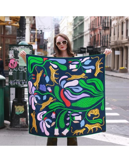 Jessie Zhao New York Green Double Sided Silk Scarf Of Jungle Night